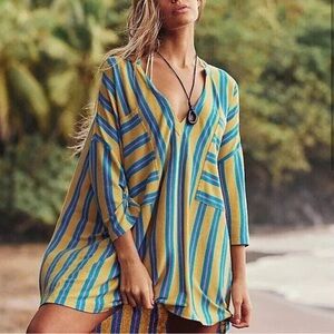 Free People Blue and Yellow Swim Coverup with V-Neck